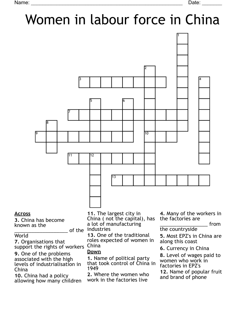 Women in labour force in China Crossword