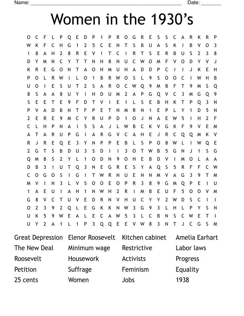 Women in the 1930’s Word Search