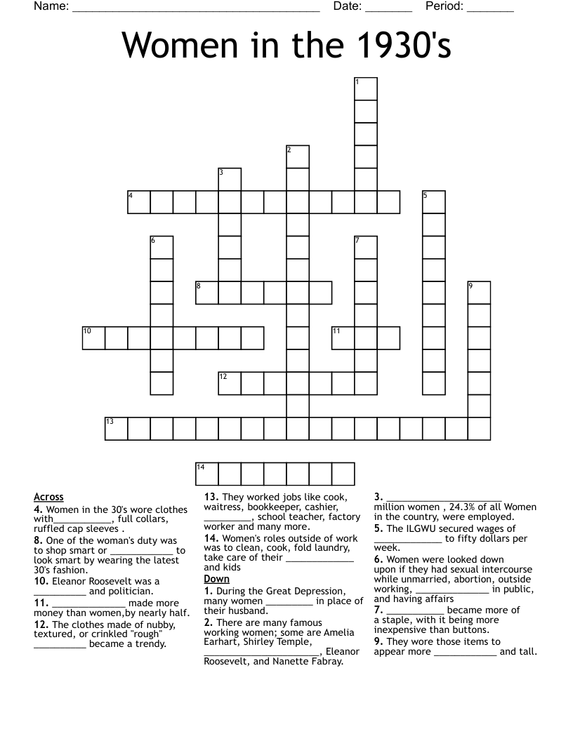 Women in the 1930's Crossword