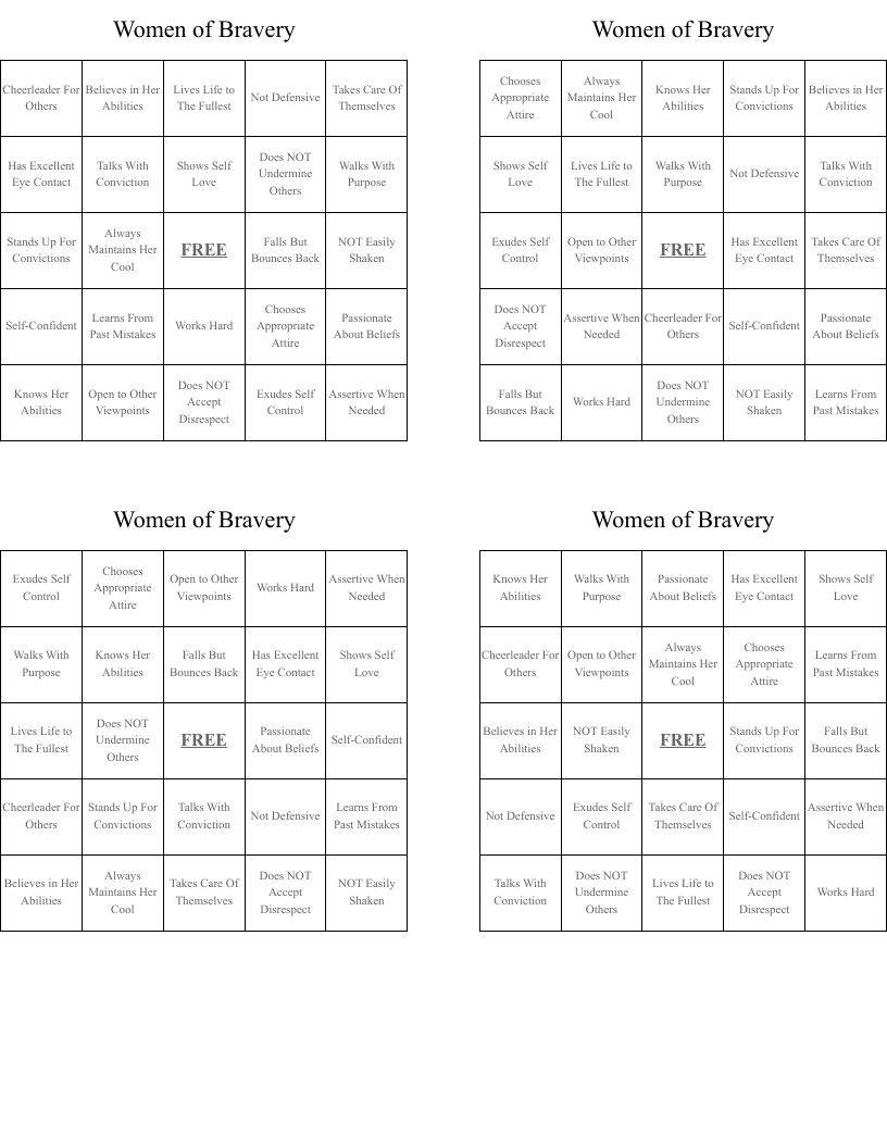 Women of Bravery Bingo Cards