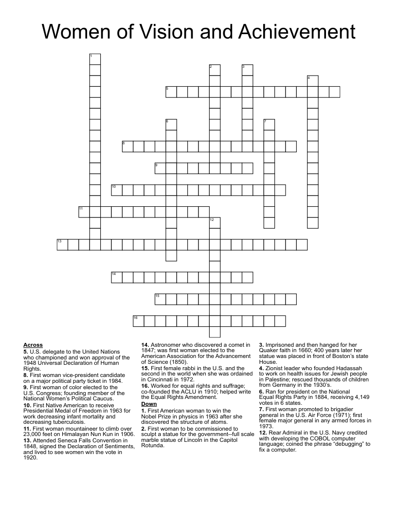 Women of Vision and Achievement Crossword