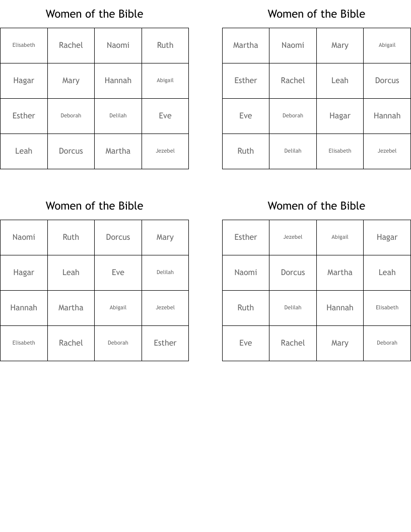 Women of the Bible Bingo Cards