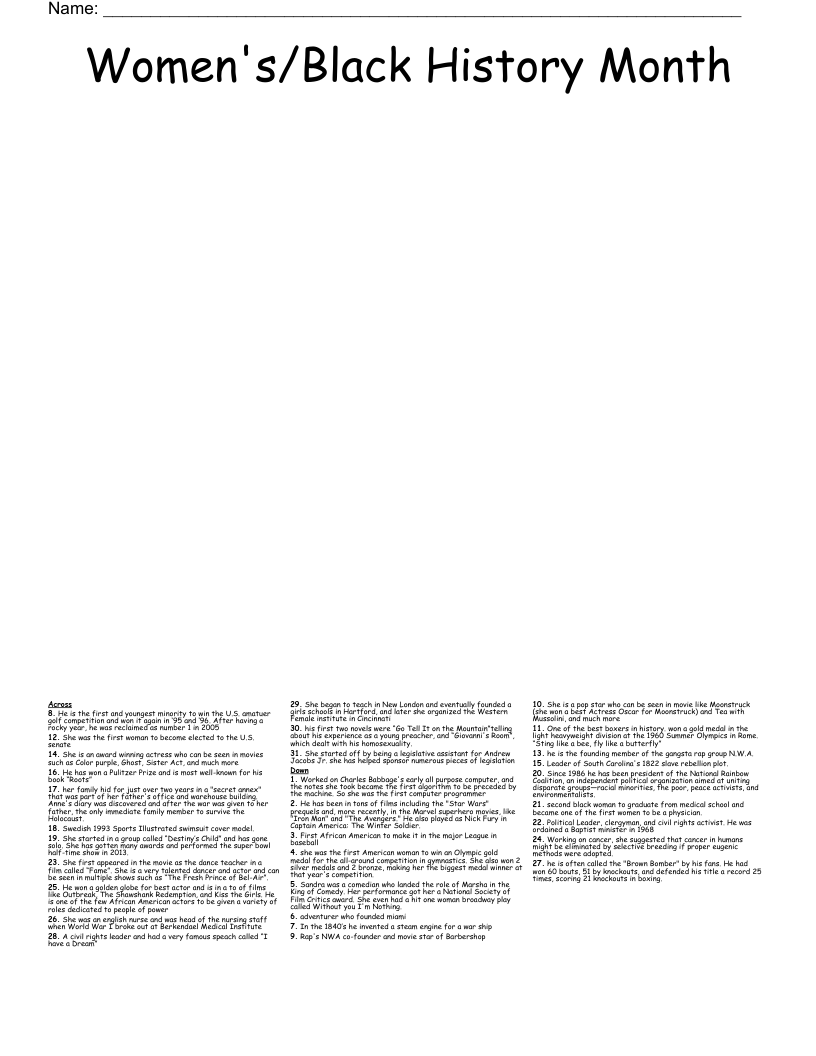 Women's/Black History Month Crossword