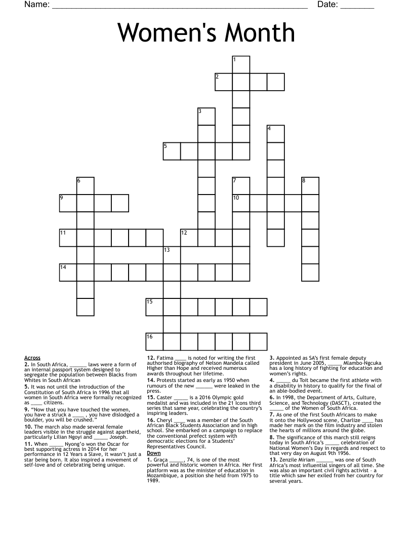 Women's Month Crossword
