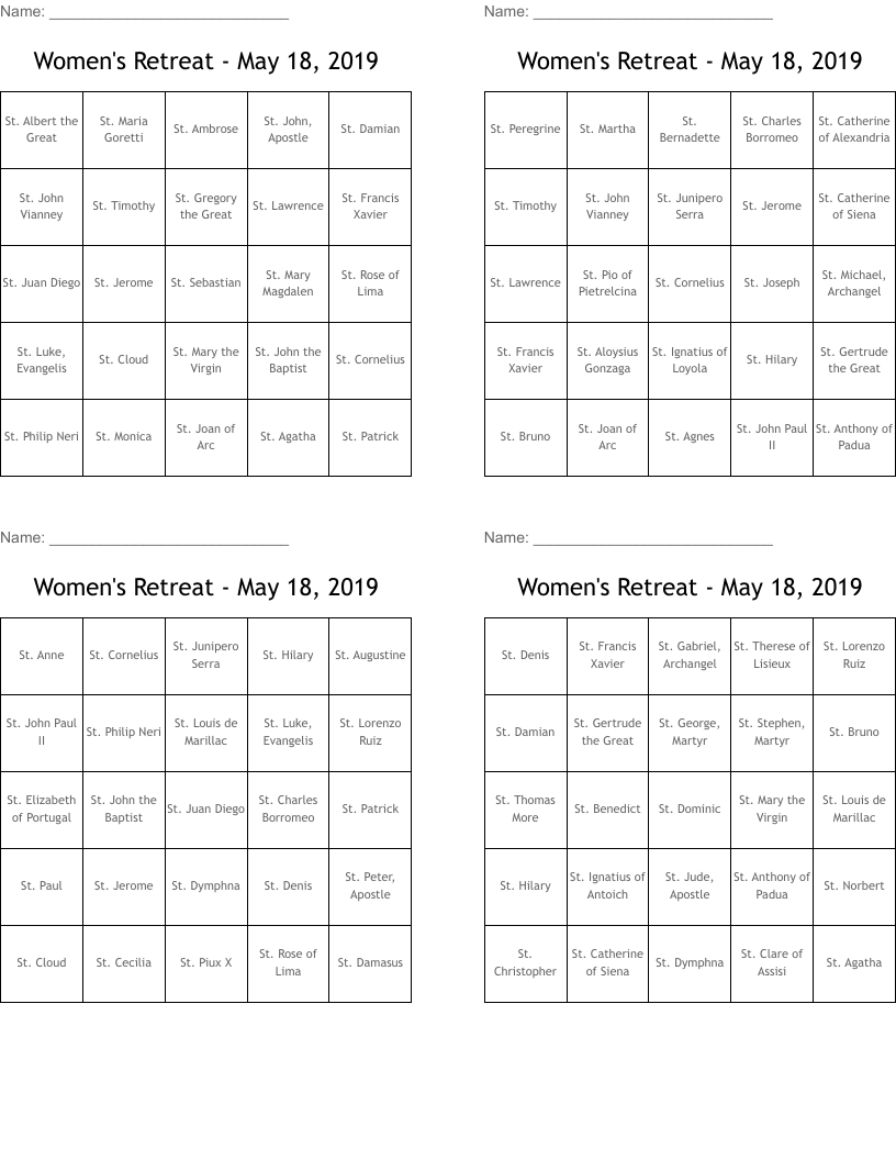 Women's Retreat - May 18, 2019 Bingo Cards