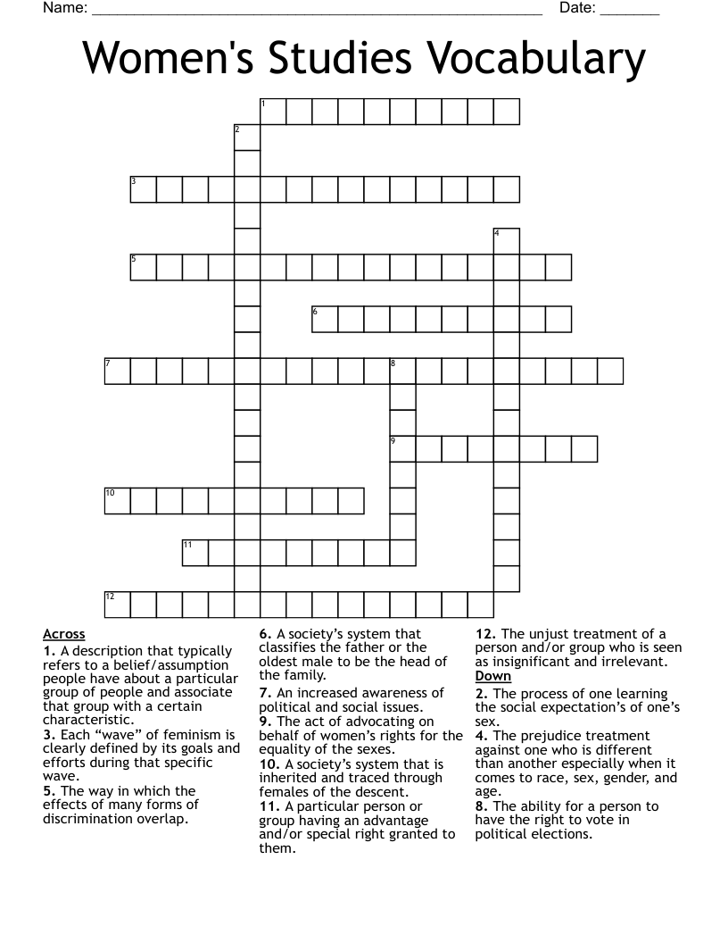 Women's Studies Vocabulary  Crossword