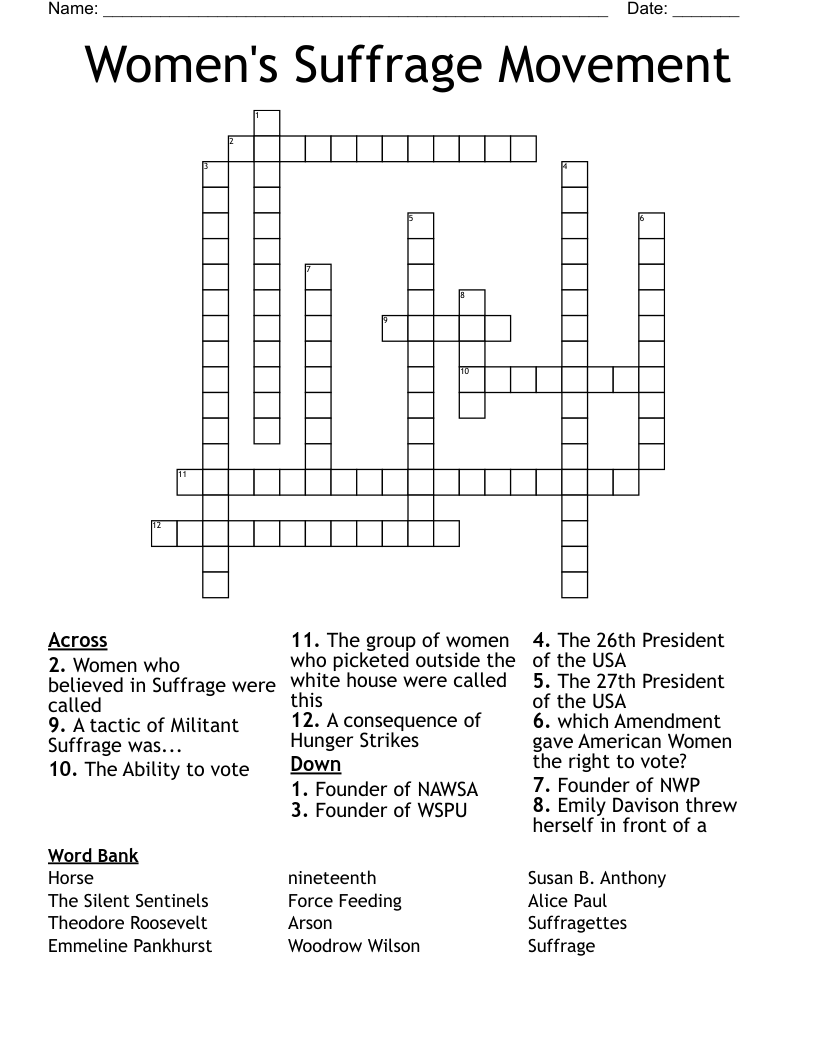 Women's Suffrage Movement Crossword