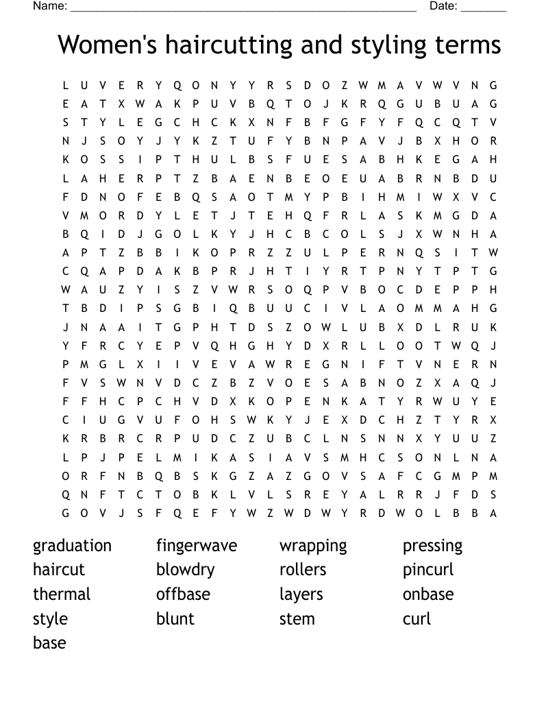 Women's haircutting and styling terms Word Search