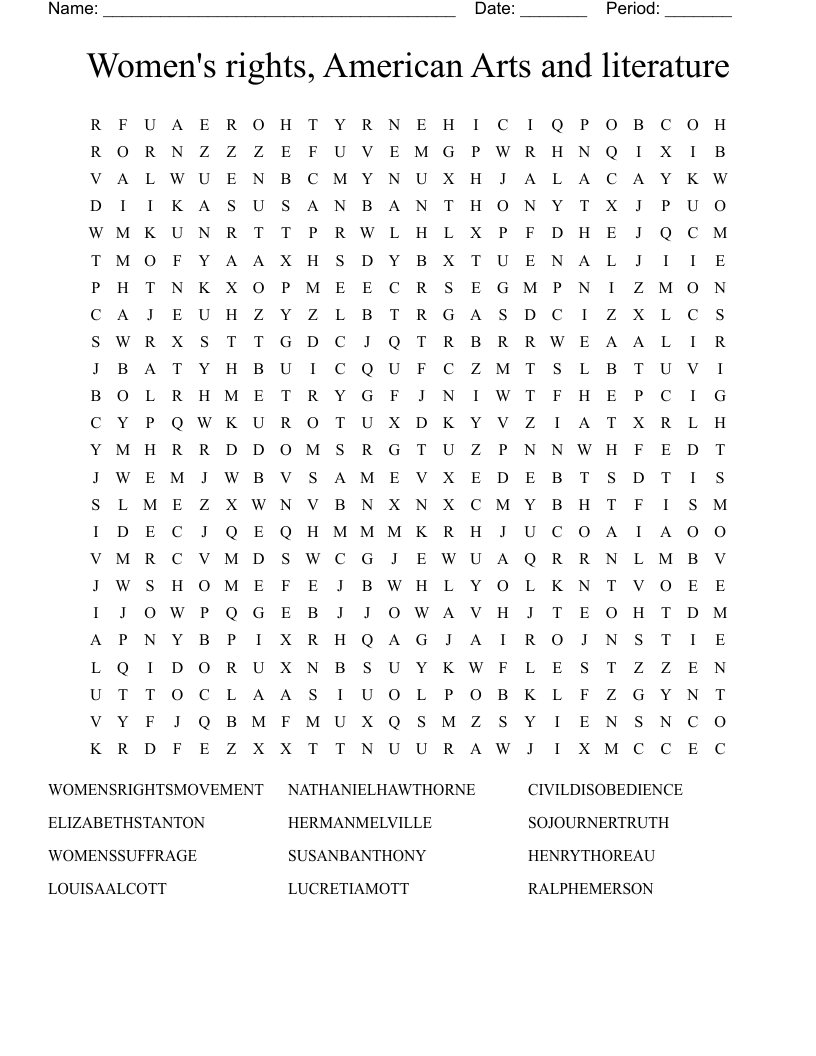 Women's rights, American Arts and literature Word Search