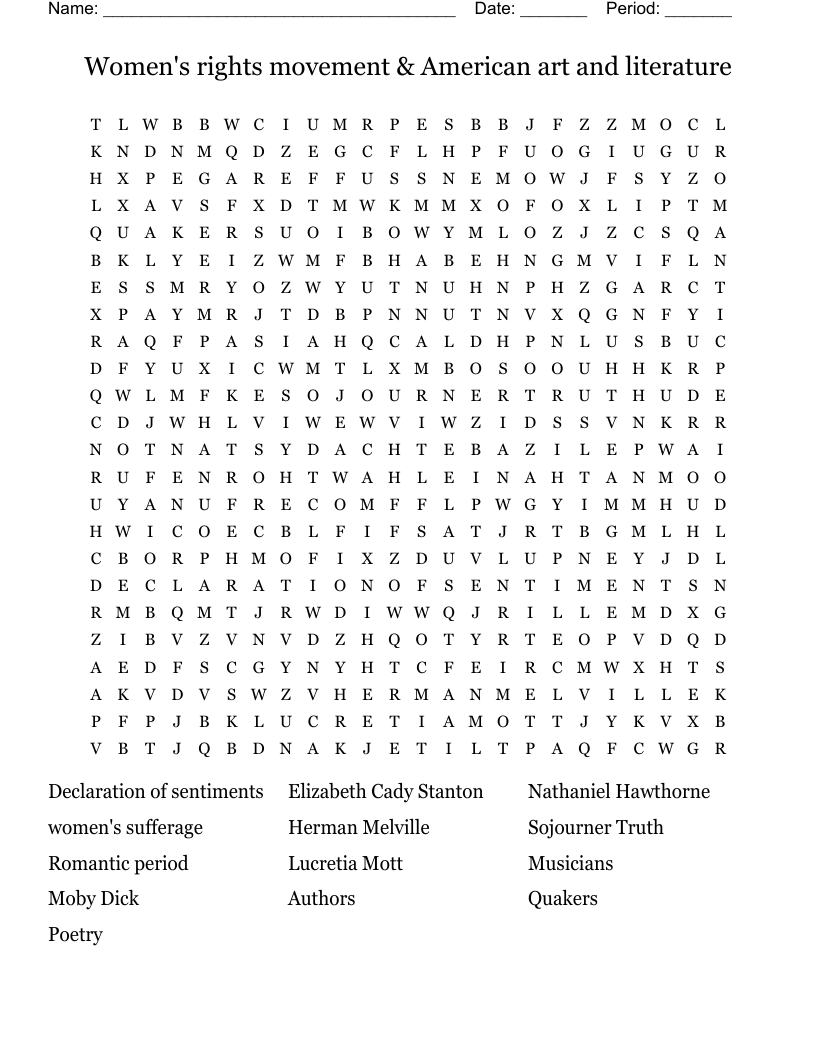 Women's rights movement & American art and literature Word Search