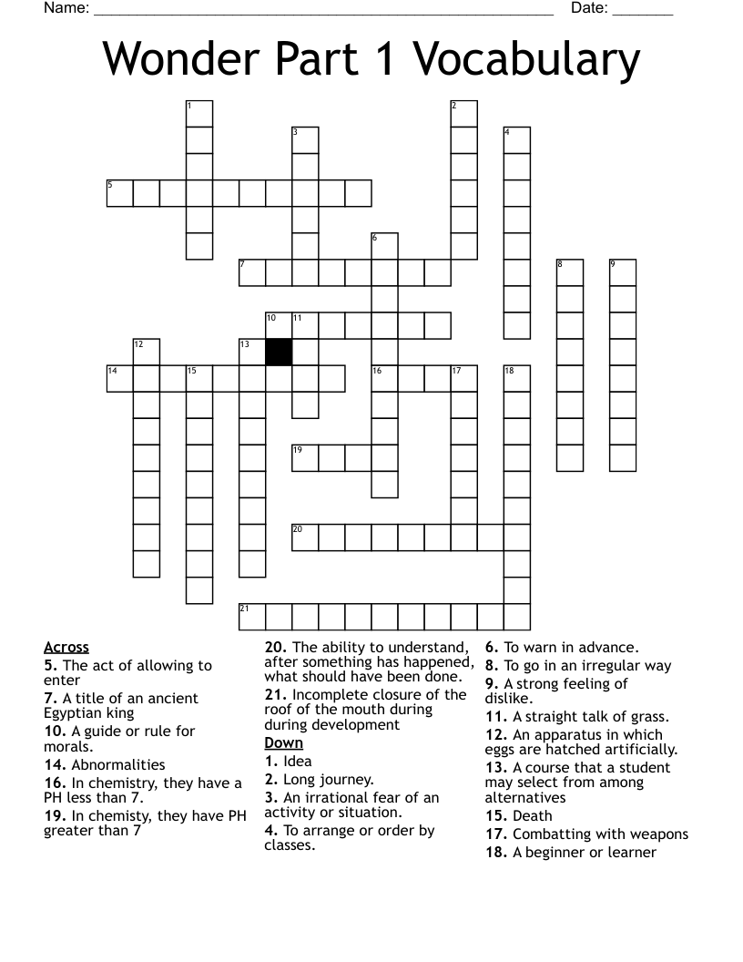 Wonder Part 1 Vocabulary Crossword
