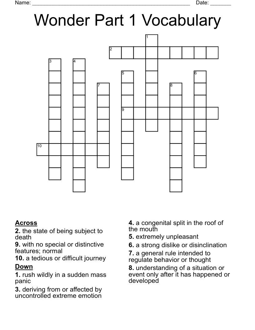 Wonder Part 1 Vocabulary  Crossword