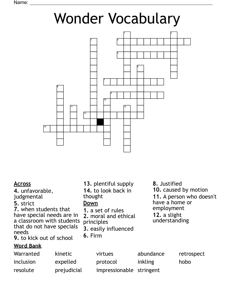 Wonder Vocabulary Crossword
