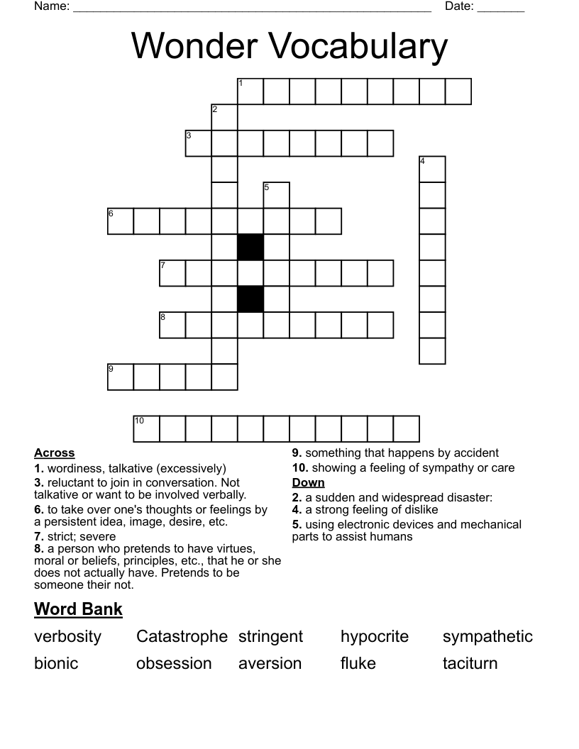 Wonder Vocabulary Crossword