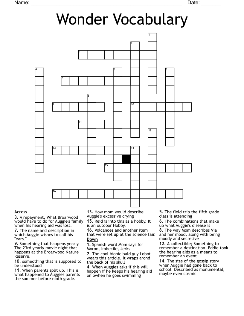Wonder Vocabulary Crossword