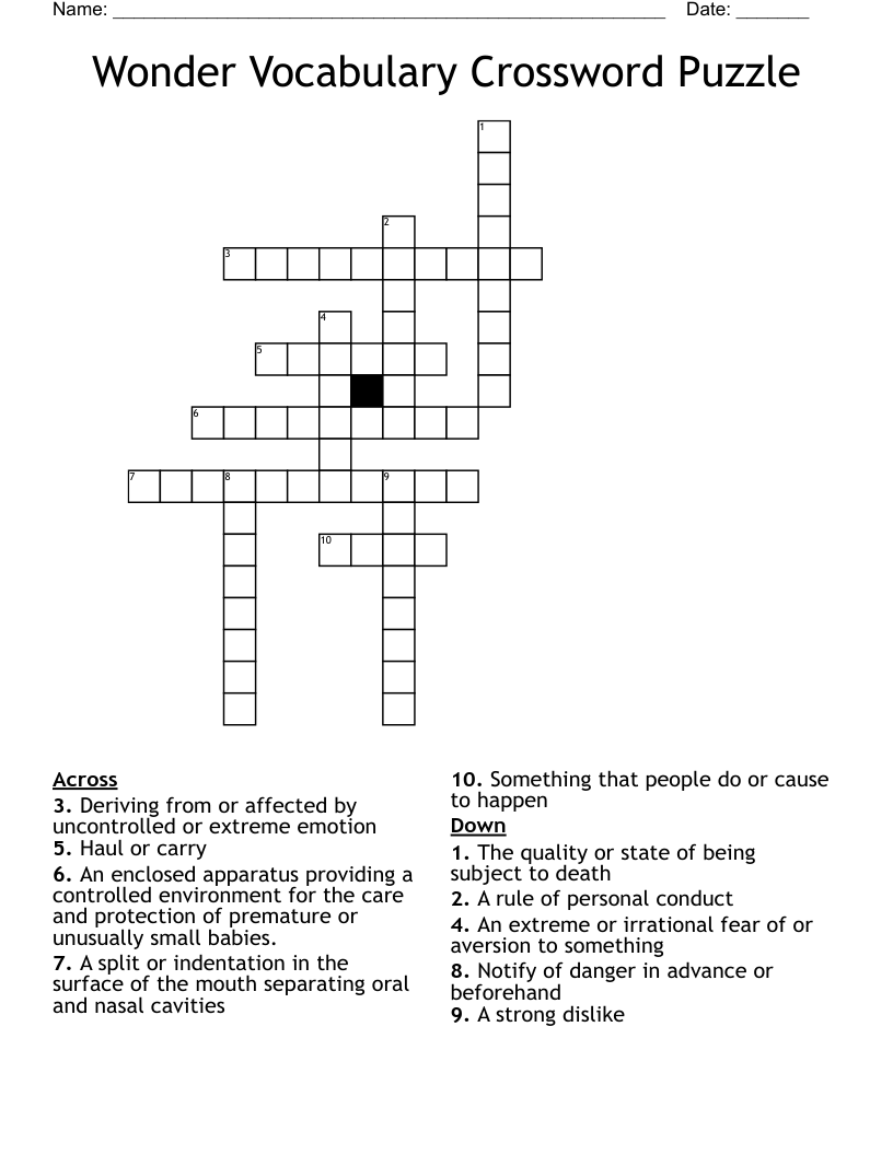 Wonder Vocabulary Crossword Puzzle