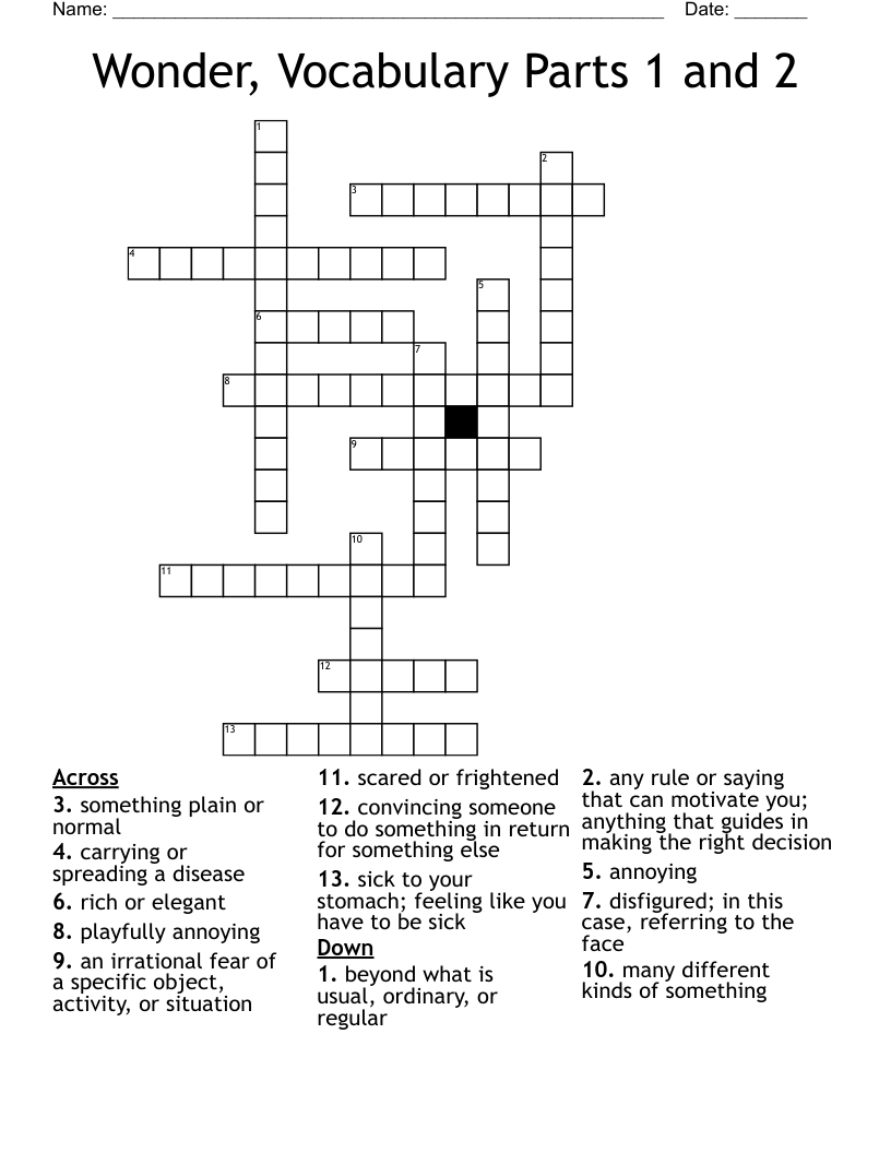 Wonder, Vocabulary Parts 1 and 2 Crossword