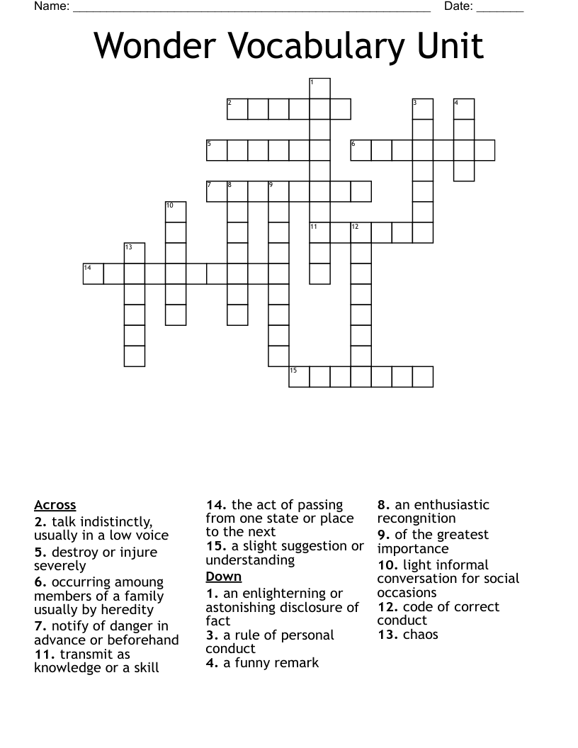 Wonder Vocabulary Unit Crossword