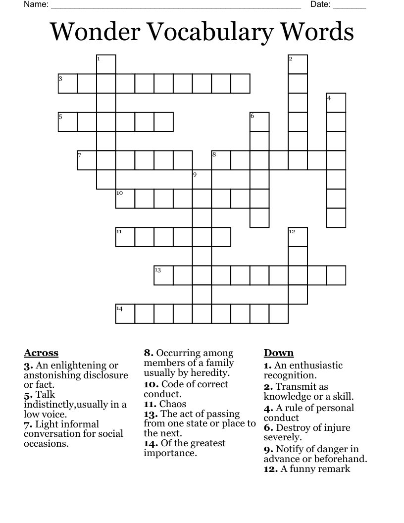 Wonder Vocabulary Words  Crossword