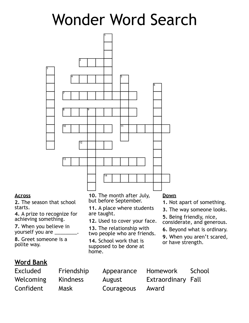 Wonder Word Search Crossword