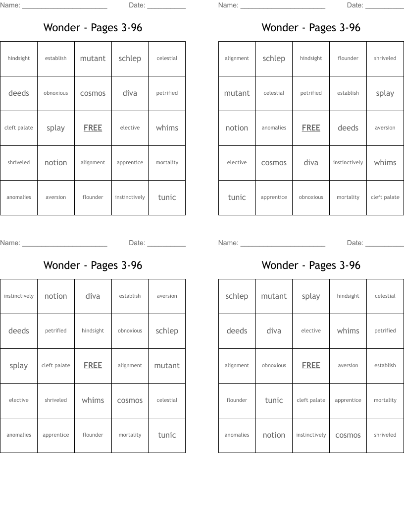 Wonder - Pages 3-96 Bingo Cards
