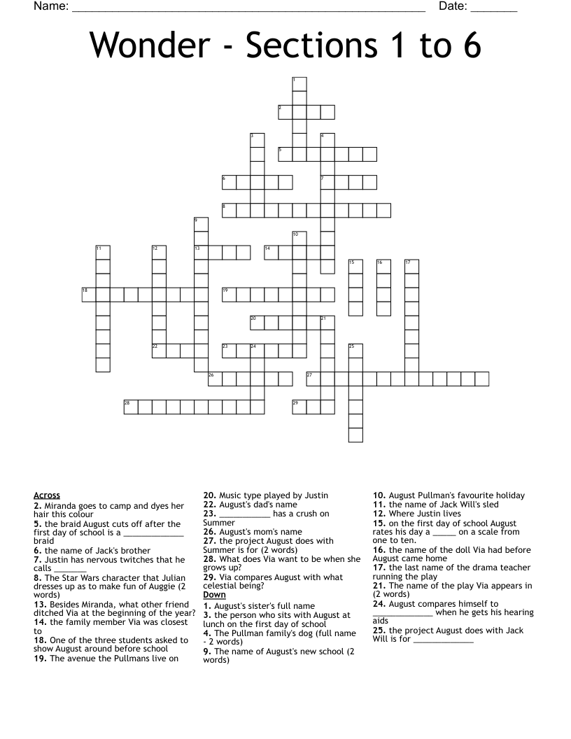 Wonder - Sections 1 to 6  Crossword