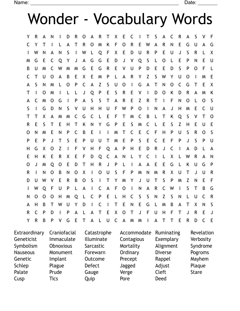 Wonder - Vocabulary Words Word Search