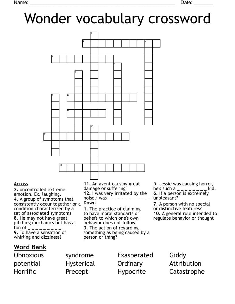 Wonder vocabulary crossword