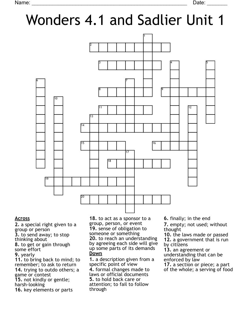 Wonders 4.1 and Sadlier Unit 1 Crossword