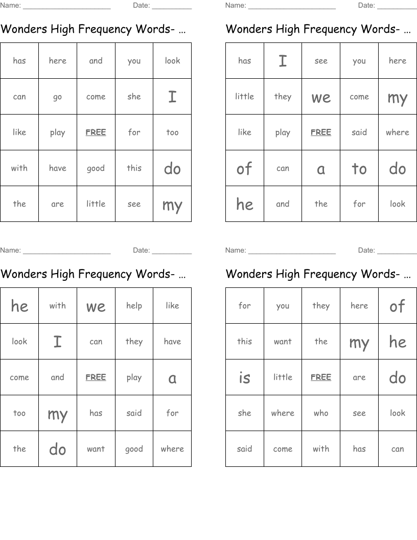 Wonders High Frequency Words- Kindergarten Bingo Cards