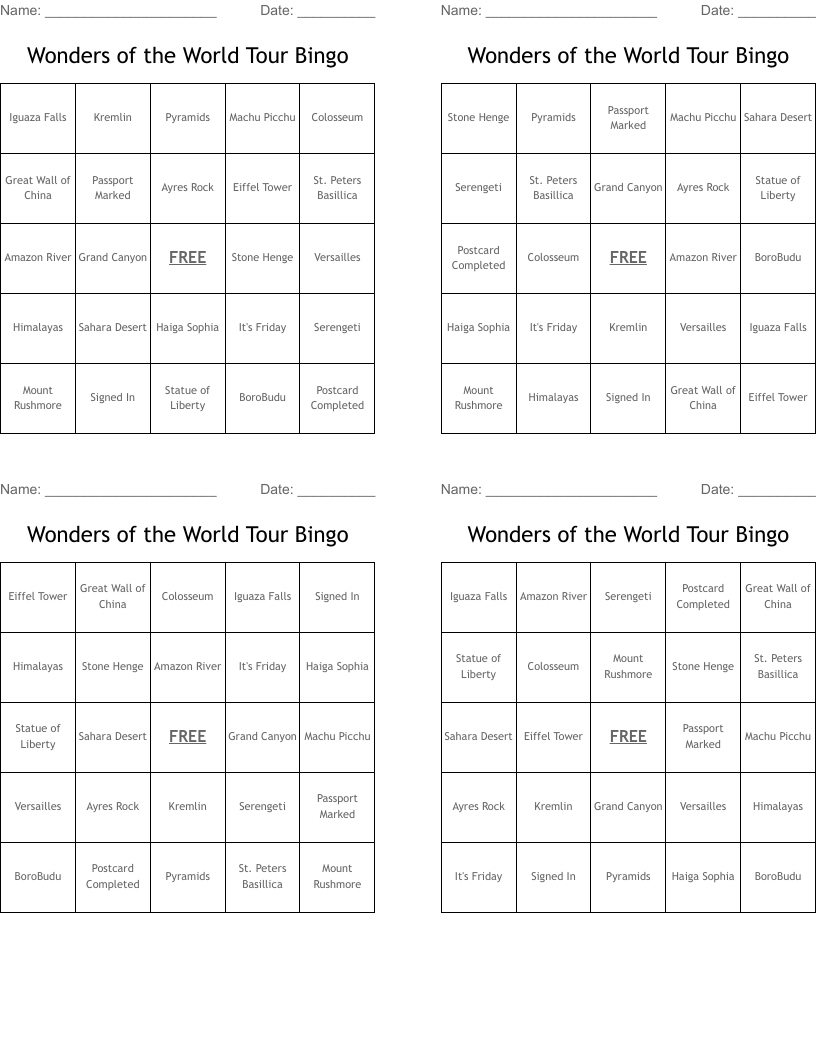 Wonders of the World Tour Bingo