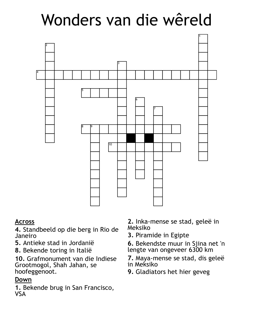 Wonders van die wêreld Crossword