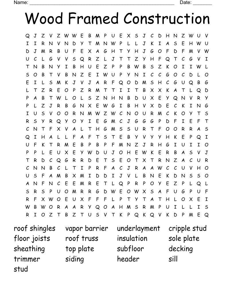 Wood Framed Construction Word Search