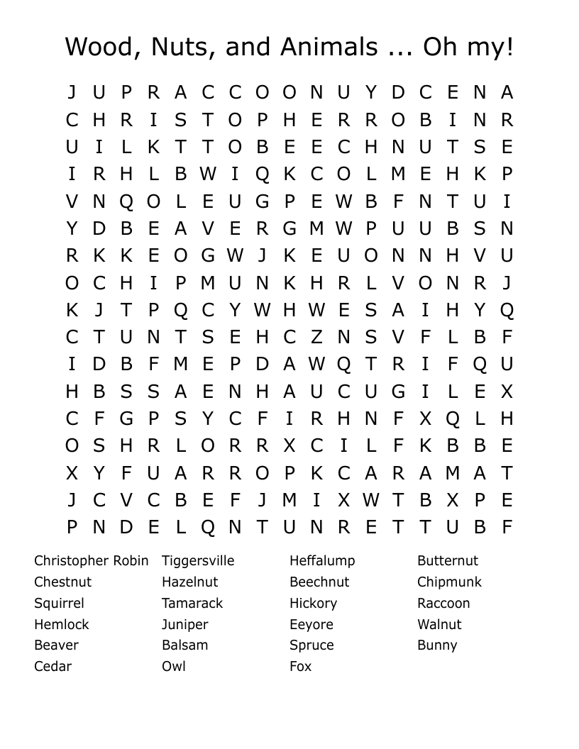 Wood, Nuts, and Animals ... Oh my!  Word Search