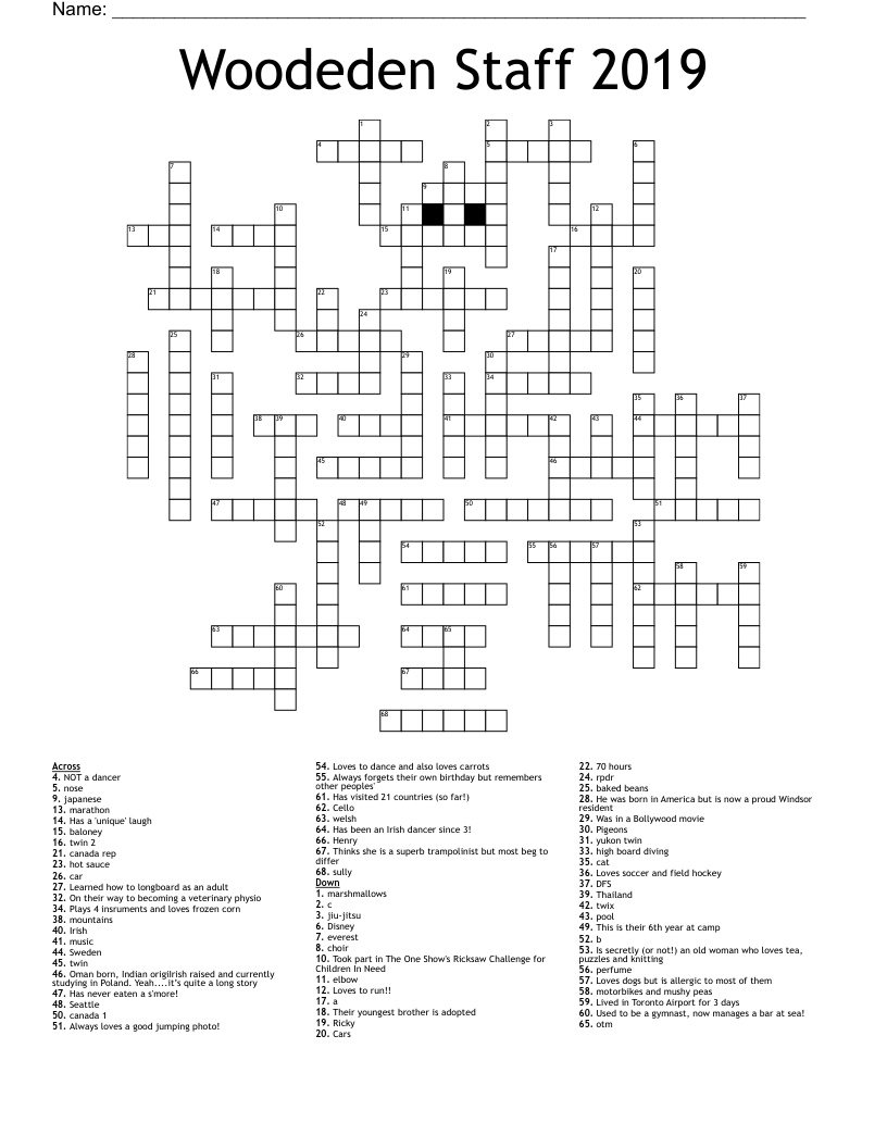 Woodeden Staff 2019 Crossword