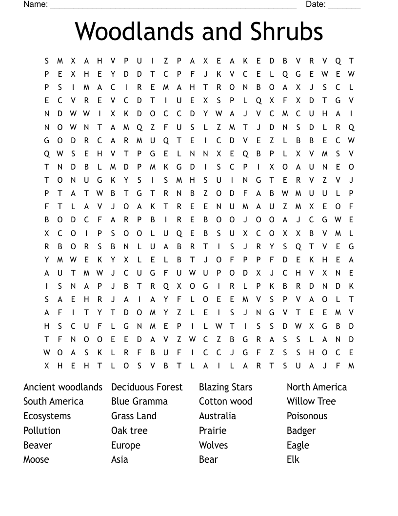 Woodlands and Shrubs  Word Search