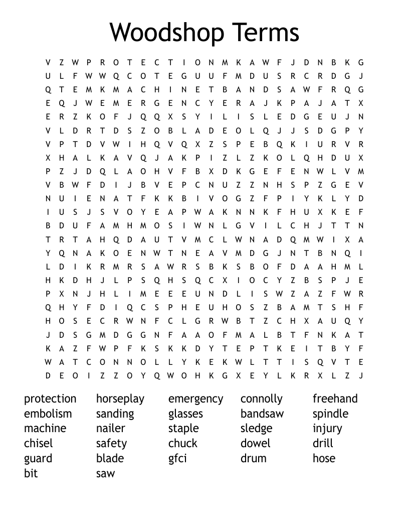 Woodshop Terms Word Search