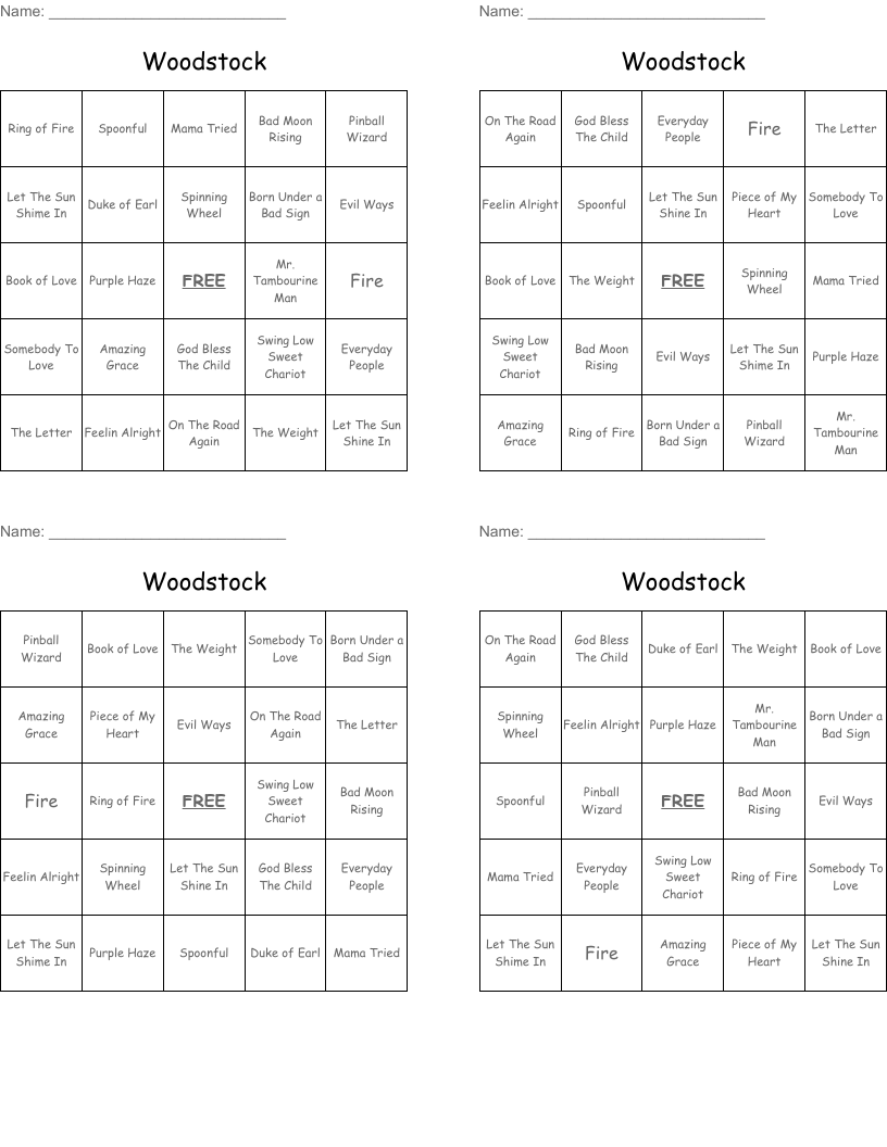 Woodstock Bingo Cards