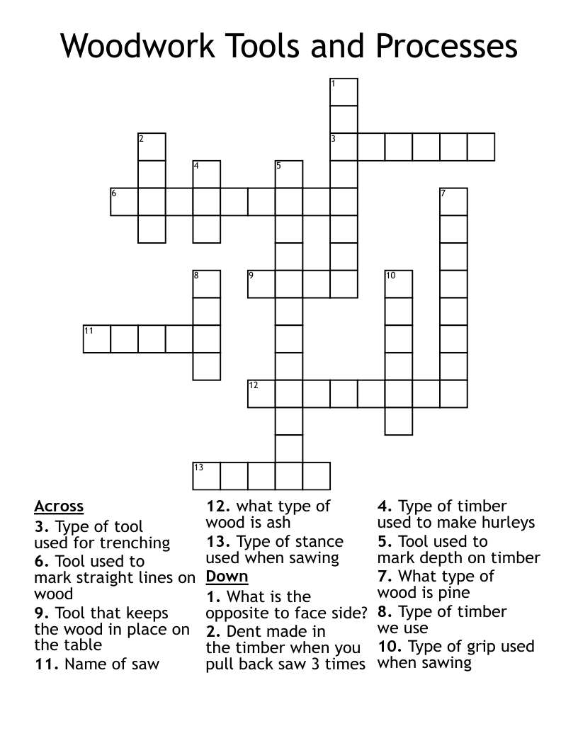 Woodwork Tools and Processes Crossword