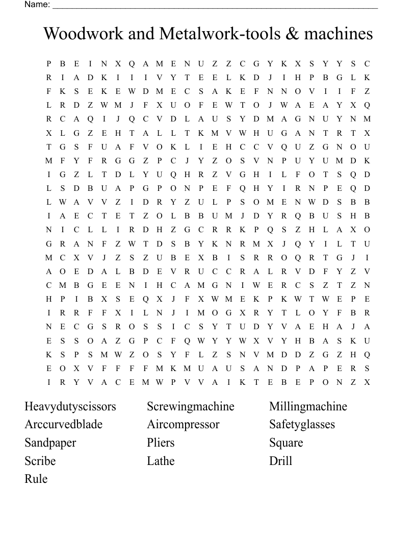 Woodwork and Metalwork-tools & machines Word Search