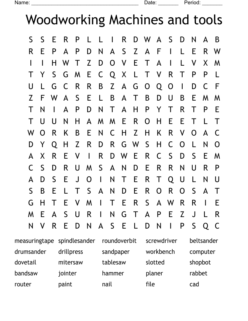 Woodworking Machines and tools Word Search