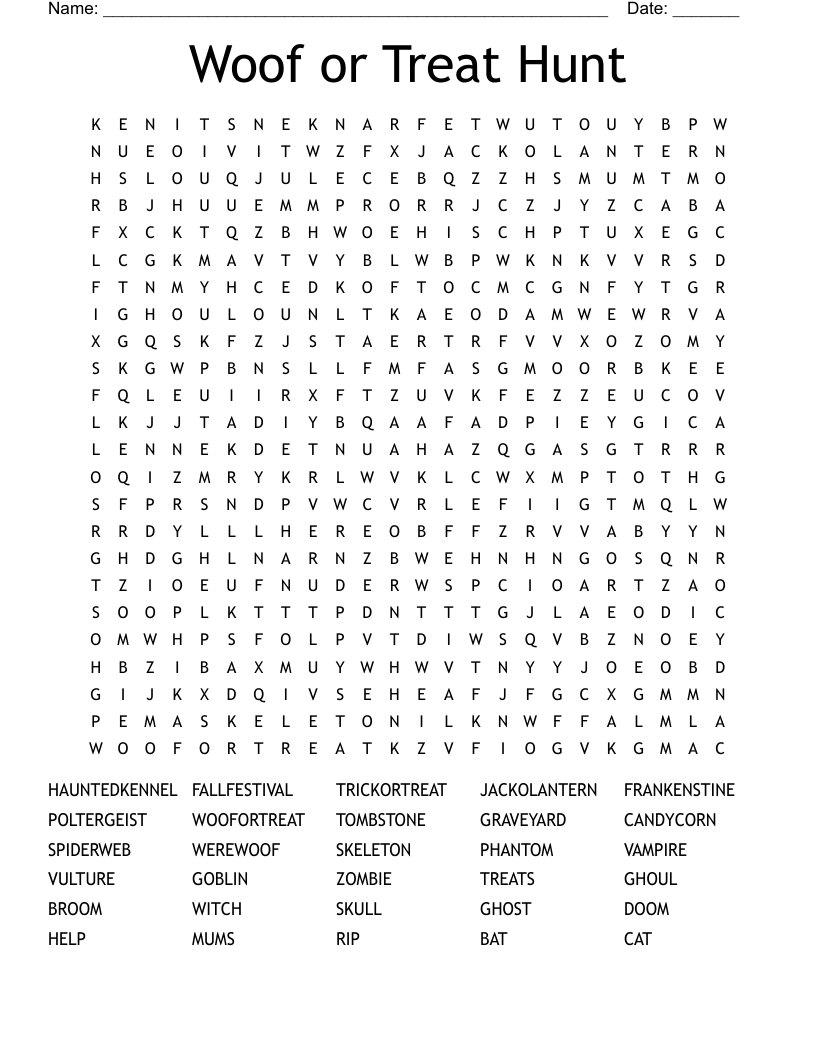 Woof or Treat Hunt Word Search