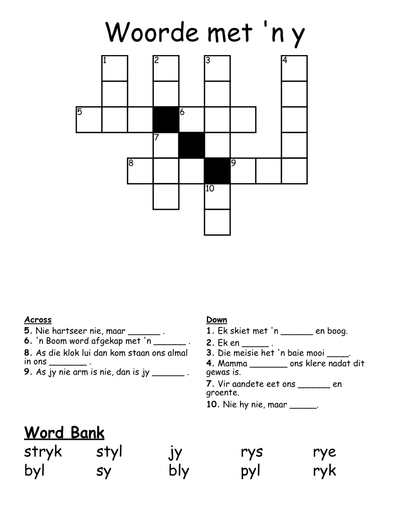 Woorde met 'n y Crossword