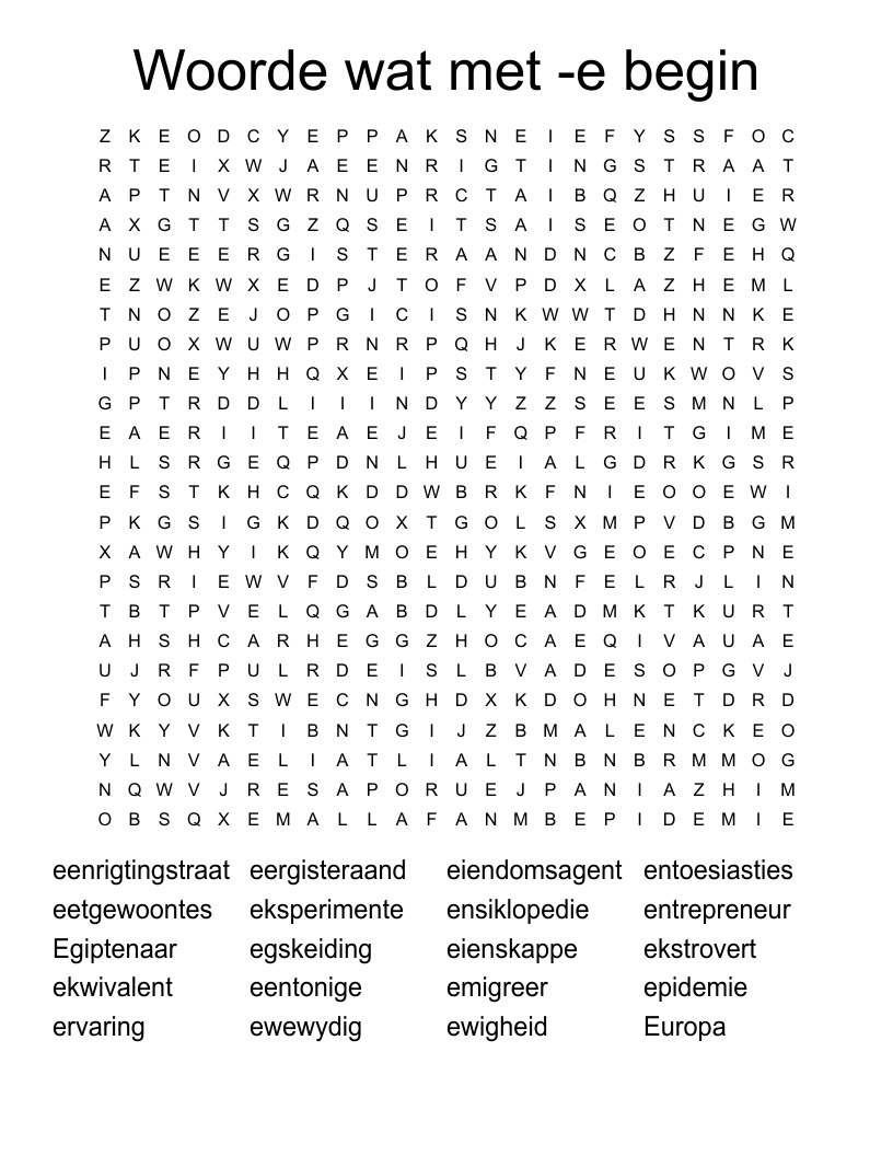 Woorde wat met -e begin Word Search