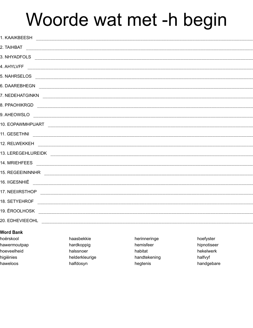 Woorde wat met -h begin Word Scramble