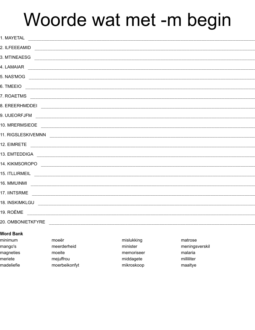 Woorde wat met -m begin Word Scramble