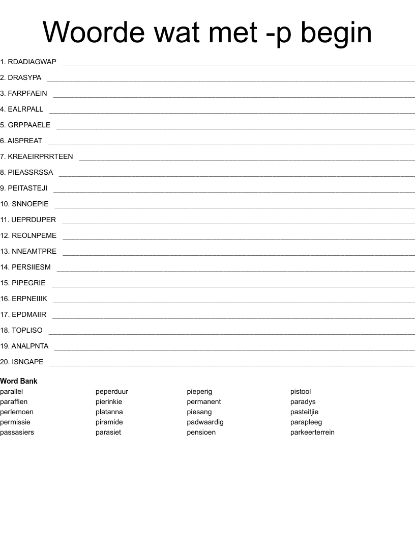 Woorde wat met -p begin Word Scramble