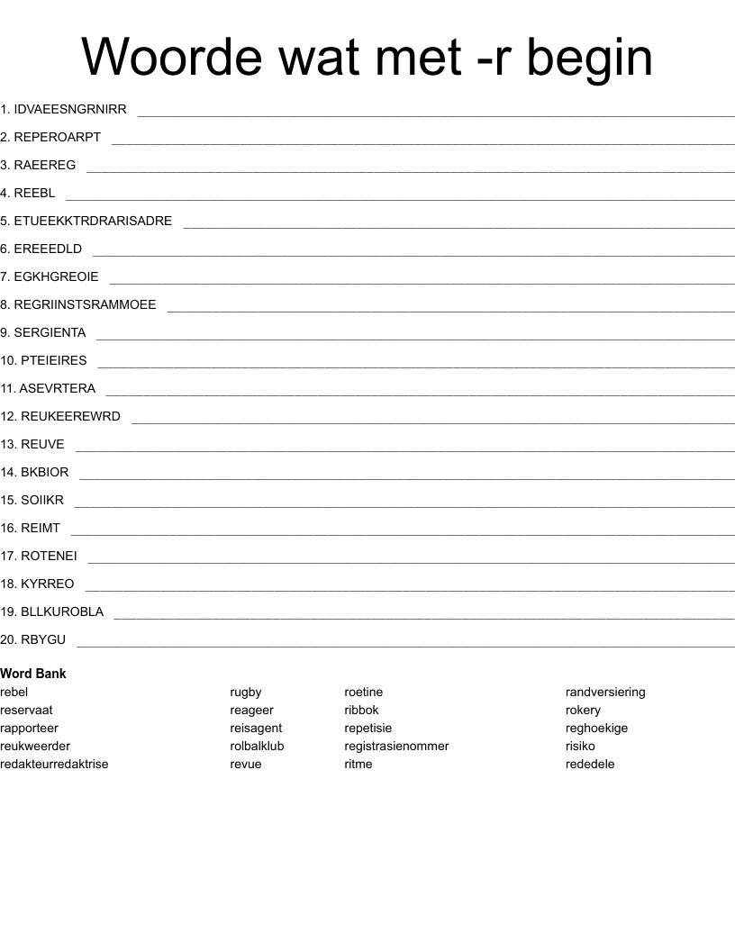 Woorde wat met -r begin Word Scramble