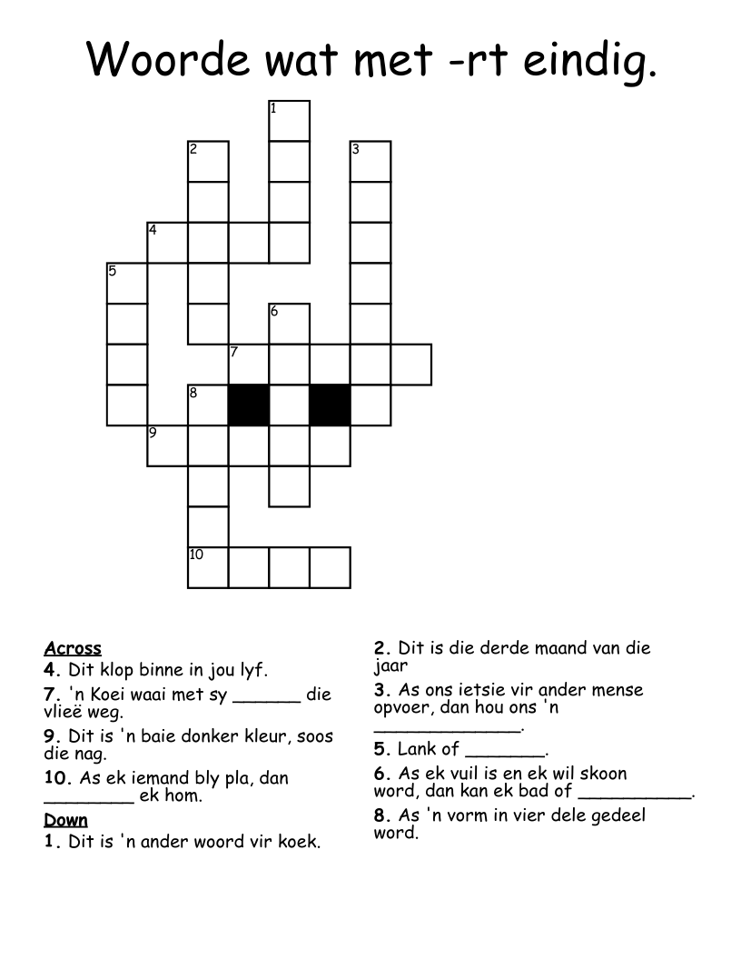 Woorde wat met -rt eindig.  Crossword