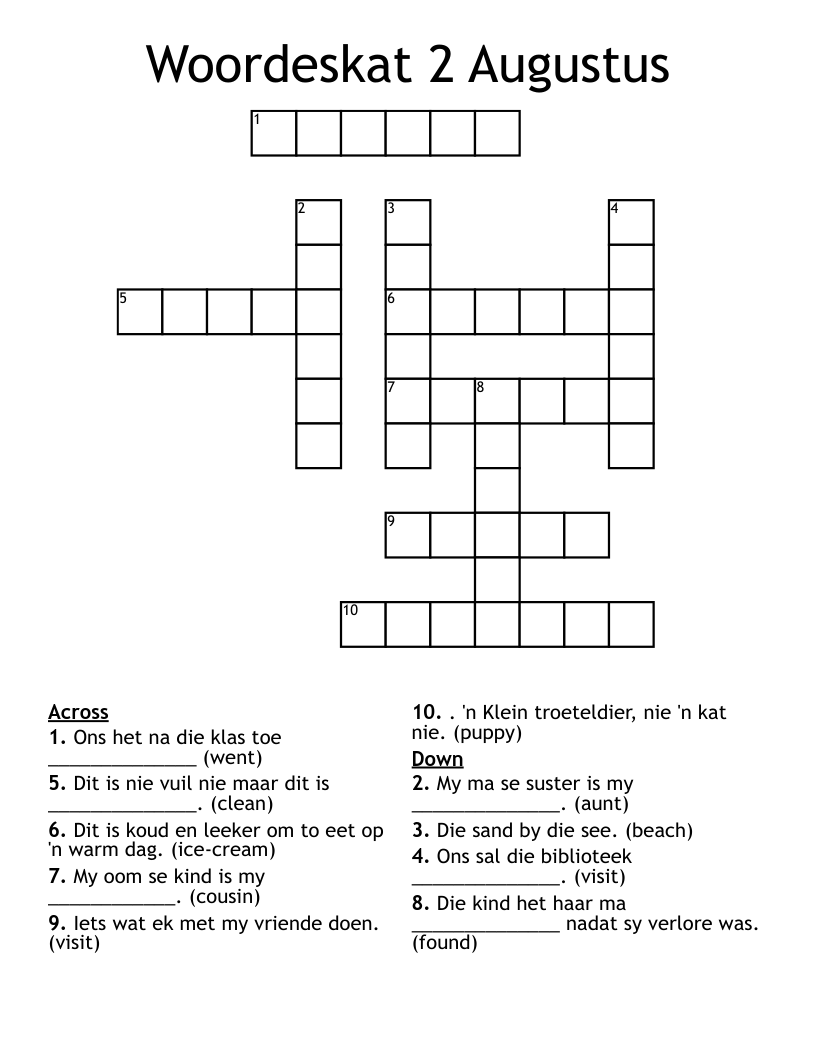 Woordeskat 2 Augustus Crossword
